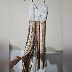 Boho Crochet Top Striped Wide-Leg Jumpsuit - White & Tan